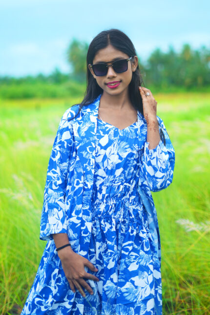 Blue Floral Muslin Off-Shoulder Midi Dress